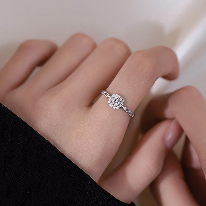 S999 Pure Silver Full Zircon Square Sugar Ring For Women, Niche INS Style, Light Luxury Premium Square Zircon Chain Index Finger Ring