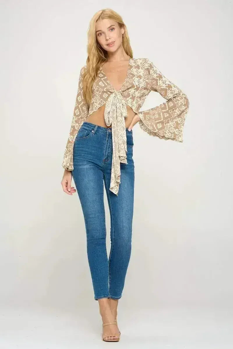Boho Bell-Sleeve Crop Top | Floral Tie-Front | Sizes S-XL | Femstylo