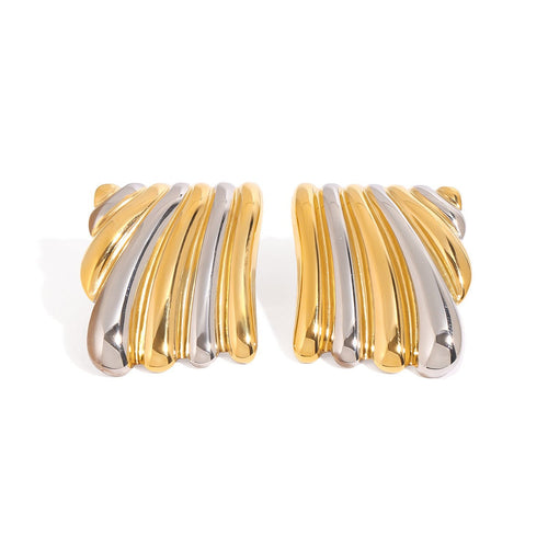 18K gold geometric shape with gold and silver color matching design classic personality earrings