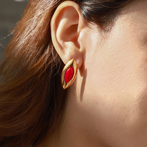 18K gold geometric oval inlaid gemstone design exquisite dazzling earrings