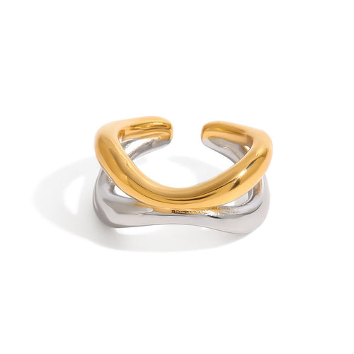 18K gold geometric lines with gold and silver color matching design simple and elegant ring