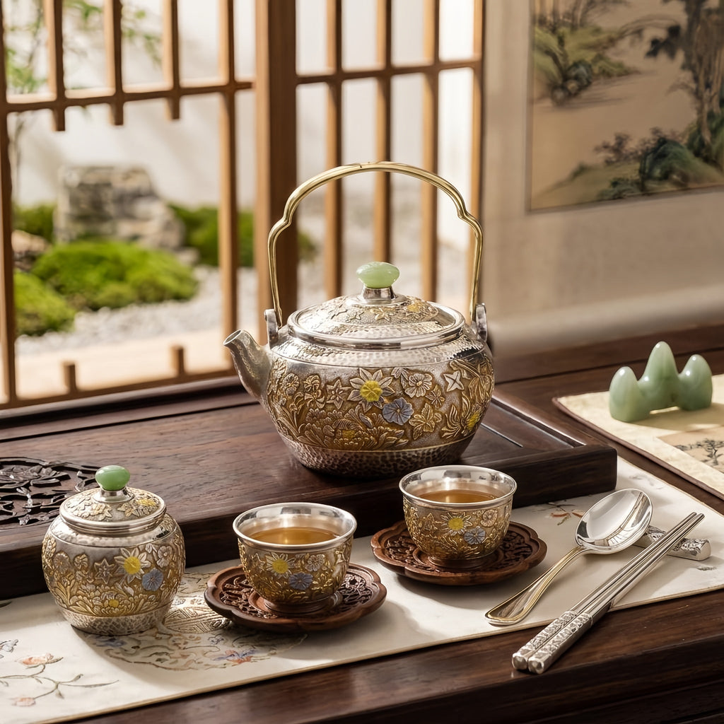 925 Sterling Silver Handcrafted Ornate Metal Teapot Featuring Jade Finial and Intricate Floral Carvings - Handicraft