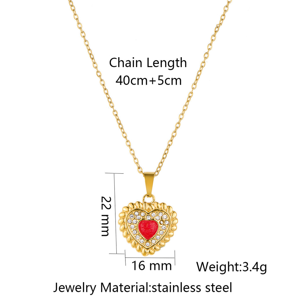 Stainless Steel Heart-shaped Drop-oil Inlaid Rhinestone Pendant Necklace