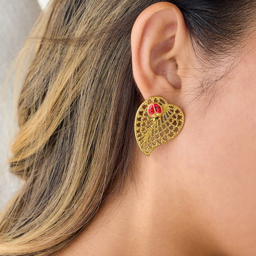 18K gold classic ladybug and leaf earrings