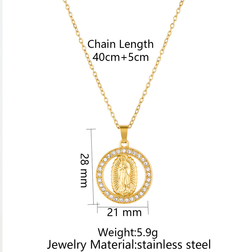 Stainless Steel Inlaid Rhinestone Virgin Mary Pendant Necklace