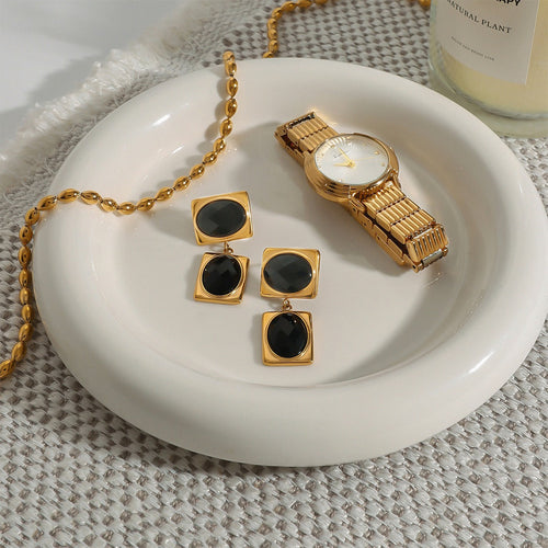 18k gold rectangular inlaid oval gemstone design trendy and unique earrings