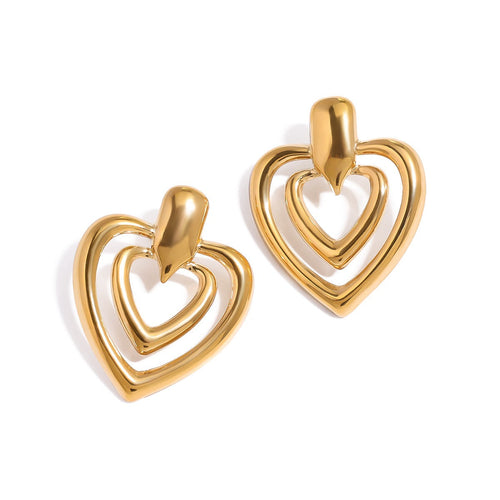 18K gold double-layer heart with hollow design simple and elegant earrings