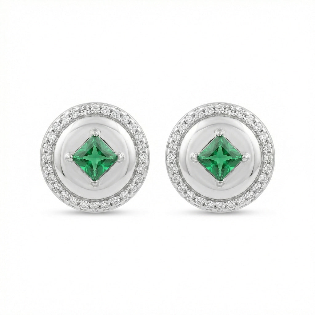 925 Sterling Silver Elegant Round Green Gemstone Stud Earrings with Sparkling Halo