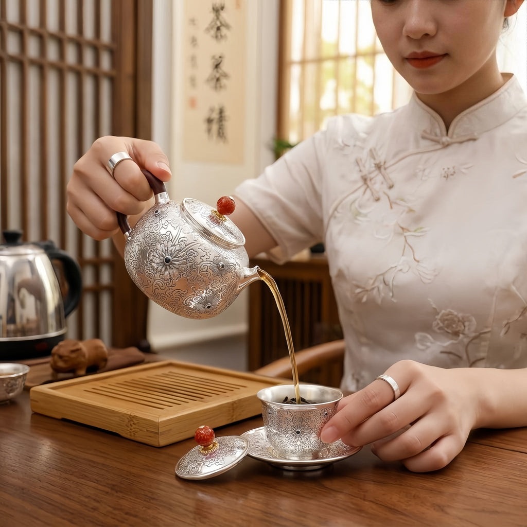 925 Sterling Silver Ornate Hand-Engraved Silver Teapot with Gemstone Accents and Wooden Handle - Handicraft