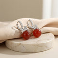 925 Sterling Silver Elegant Red Agate and Sparkling Crystal Bowknot Drop Hoop Earrings