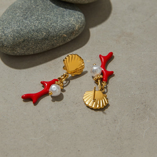18K gold shell and coral design exquisite and noble earrings