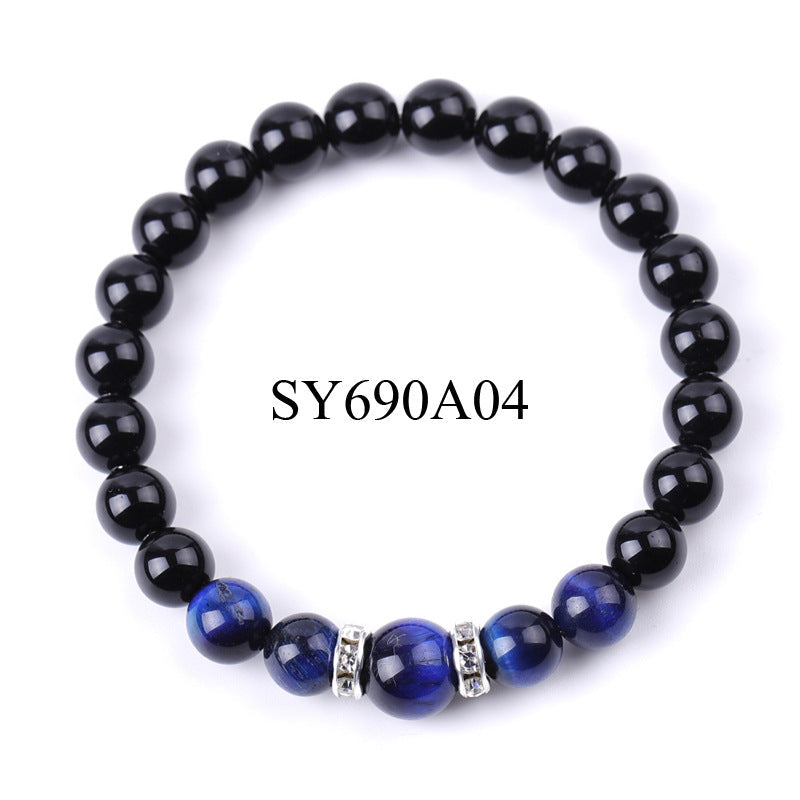 8 Mm 10mm Tigers Eye And Glossy Black Stone Micro-Inlaid Diamond Bracelet
