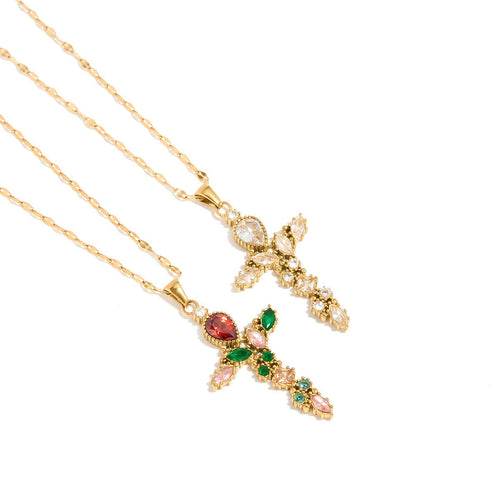 18K Gold Cross Inlaid Gemstone Design Exquisite Fashion Necklace