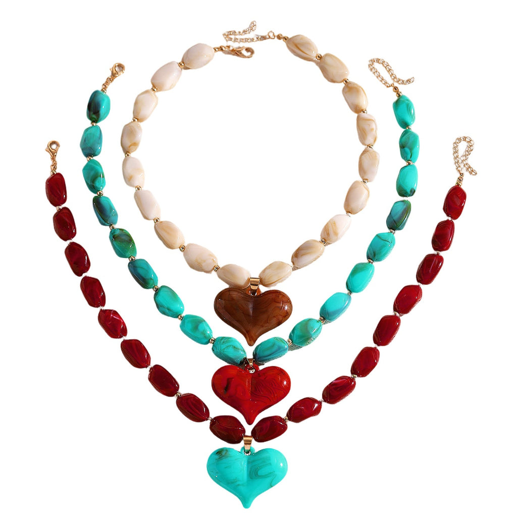 European And American-style Beaded Resin Heart Necklace Vintage