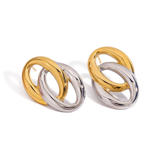 18K gold hollow oval earrings with gold and silver color matching design, simple and elegant