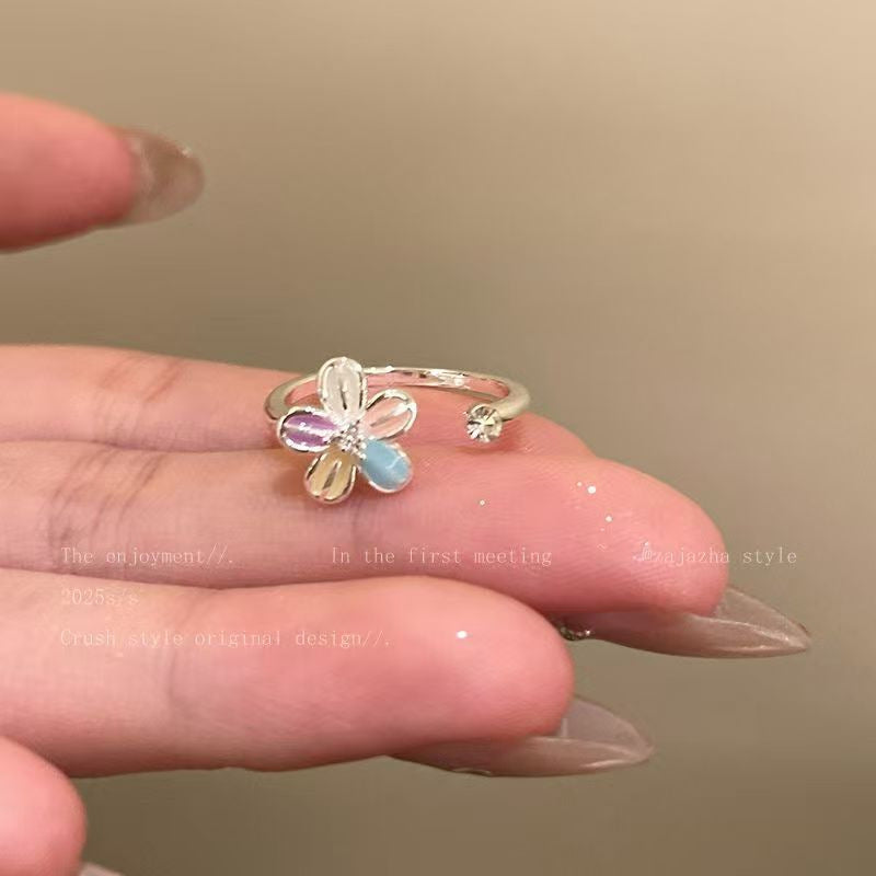 Bohemian Spring Flower Open Ring For Women, Enamel High-End Fashion Index Finger Ring