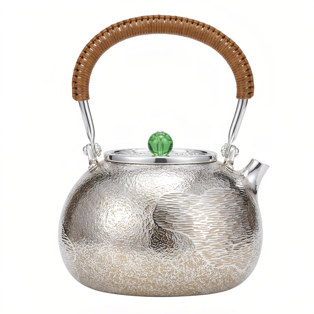 Pure 999 Fine Silver Handcrafted Textured Silver Teapot with Woven Rattan Handle and Green Jade Knob - Handicraft