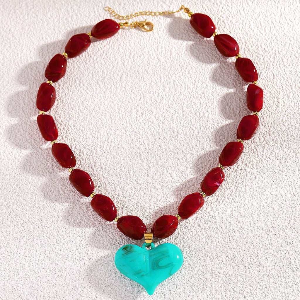 European And American-style Beaded Resin Heart Necklace Vintage