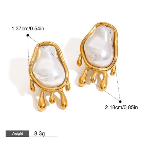 18K gold geometric oval inlaid irregular pearl design exquisite noble earrings