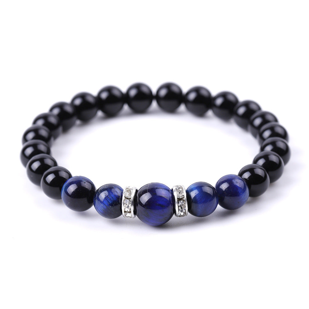 8 Mm 10mm Tigers Eye And Glossy Black Stone Micro-Inlaid Diamond Bracelet