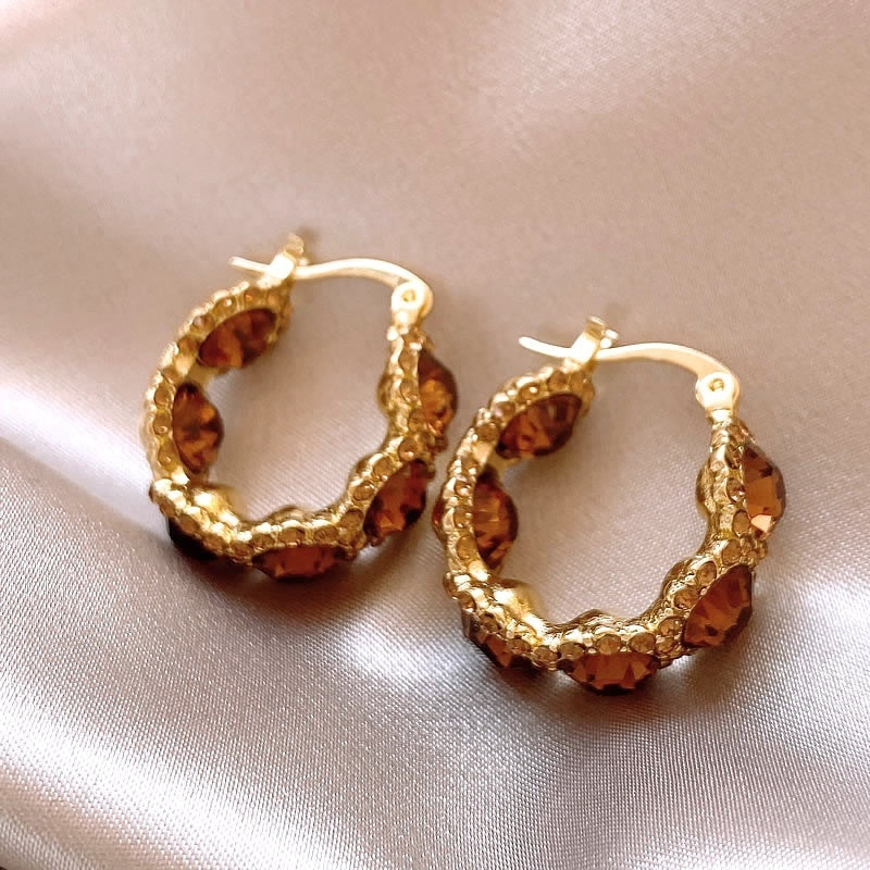 Elegant Light-luxury Coffee-colored Crystal Hoop Ear Clips