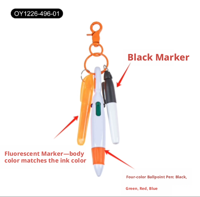Ballpoint pen set-with key chain-four-color pen + black marker + rose highlighter-1 set