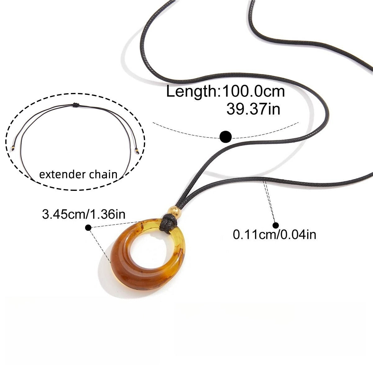 Amber-colored resin long necklace with a black cord.