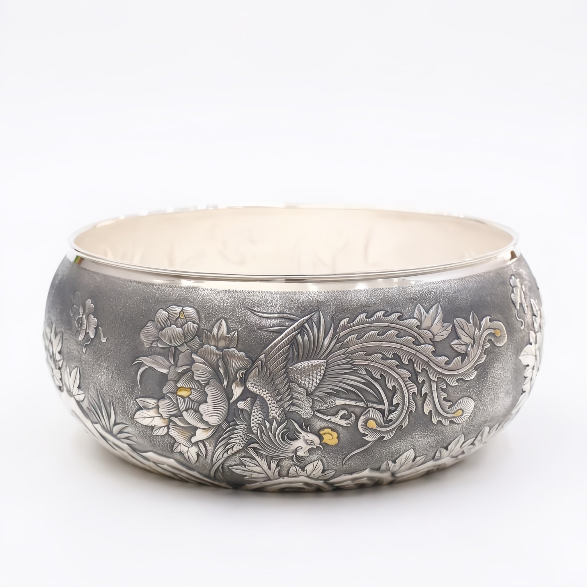 Pure 999 Fine Silver Hand-Engraved Sterling Silver Bowl Featuring Traditional Phoenix and Peony Blossom Motifs - Handicraft