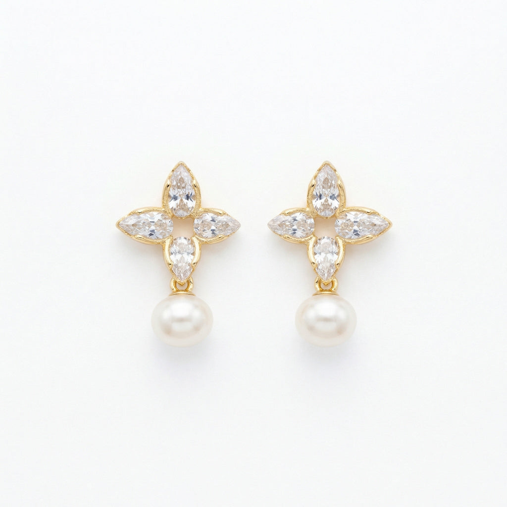925 Sterling Silver Elegant Marquise Floral Drop Earrings with Radiant White Pearls