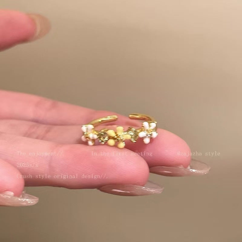 Bohemian Spring Flower Open Ring For Women, Enamel High-End Fashion Index Finger Ring