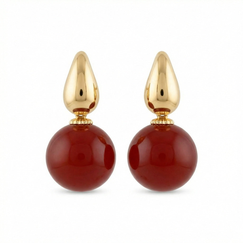 925 Sterling Silver Elegant Red Carnelian Sphere and Polished Metallic Teardrop Drop Earrings