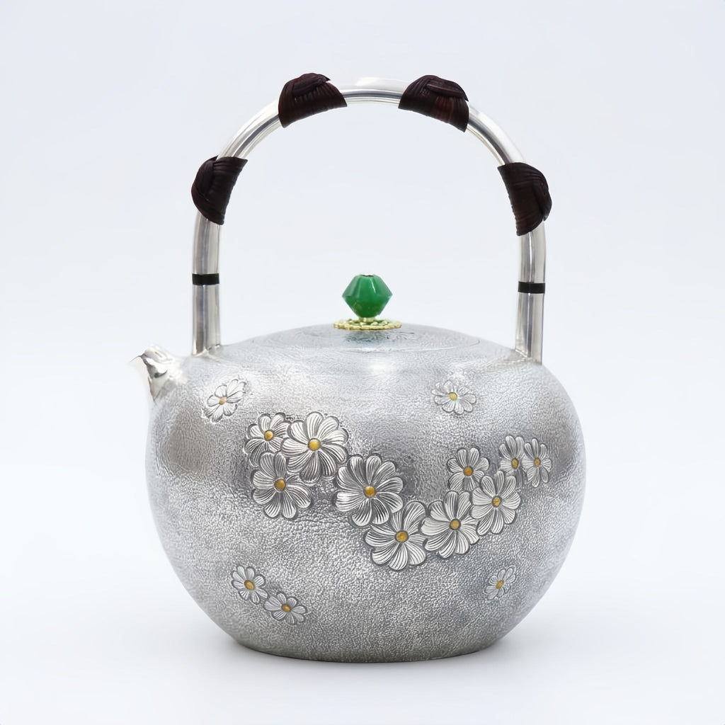 Pure 999 Fine Silver Handcrafted Sterling Silver Teapot with Floral Reliefs and Green Gemstone Knob - Handicraft