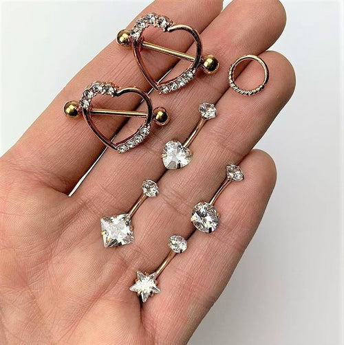 14G 3/4 Clear Gem Gold Anodized Heart Nipple Shield Set