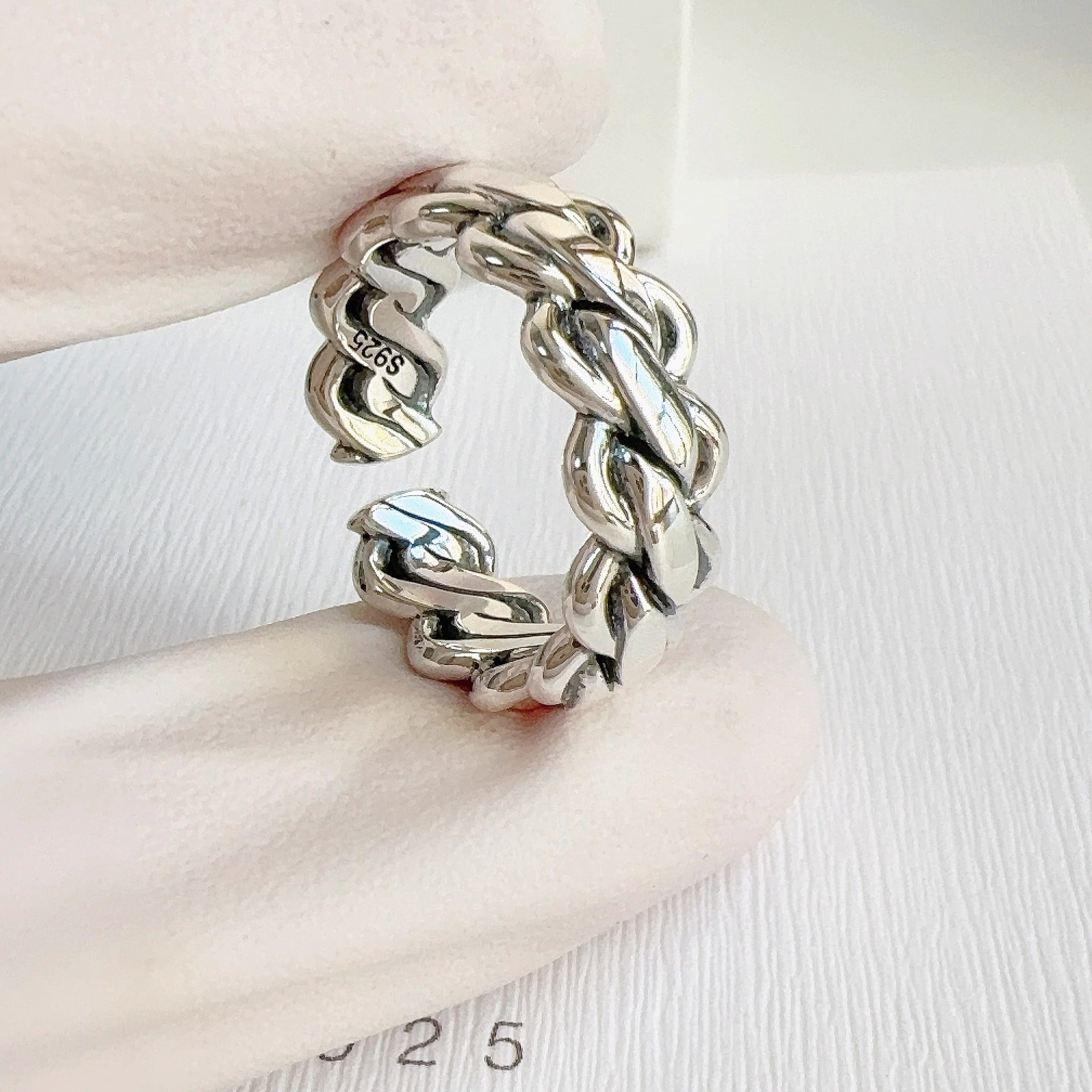 925 Sterling Silver Intertwined Chain Ring, Vintage Open Adjustable Cuff, Non Tarnish Korean Style Jewelry