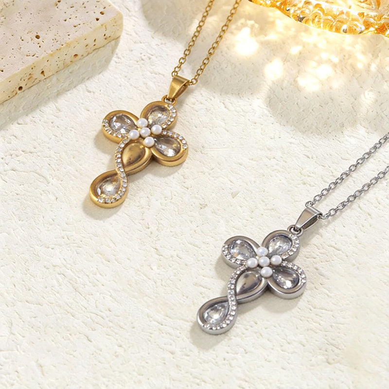 Stainless Steel Inlaid Rhinestone Cross Pendant Necklace