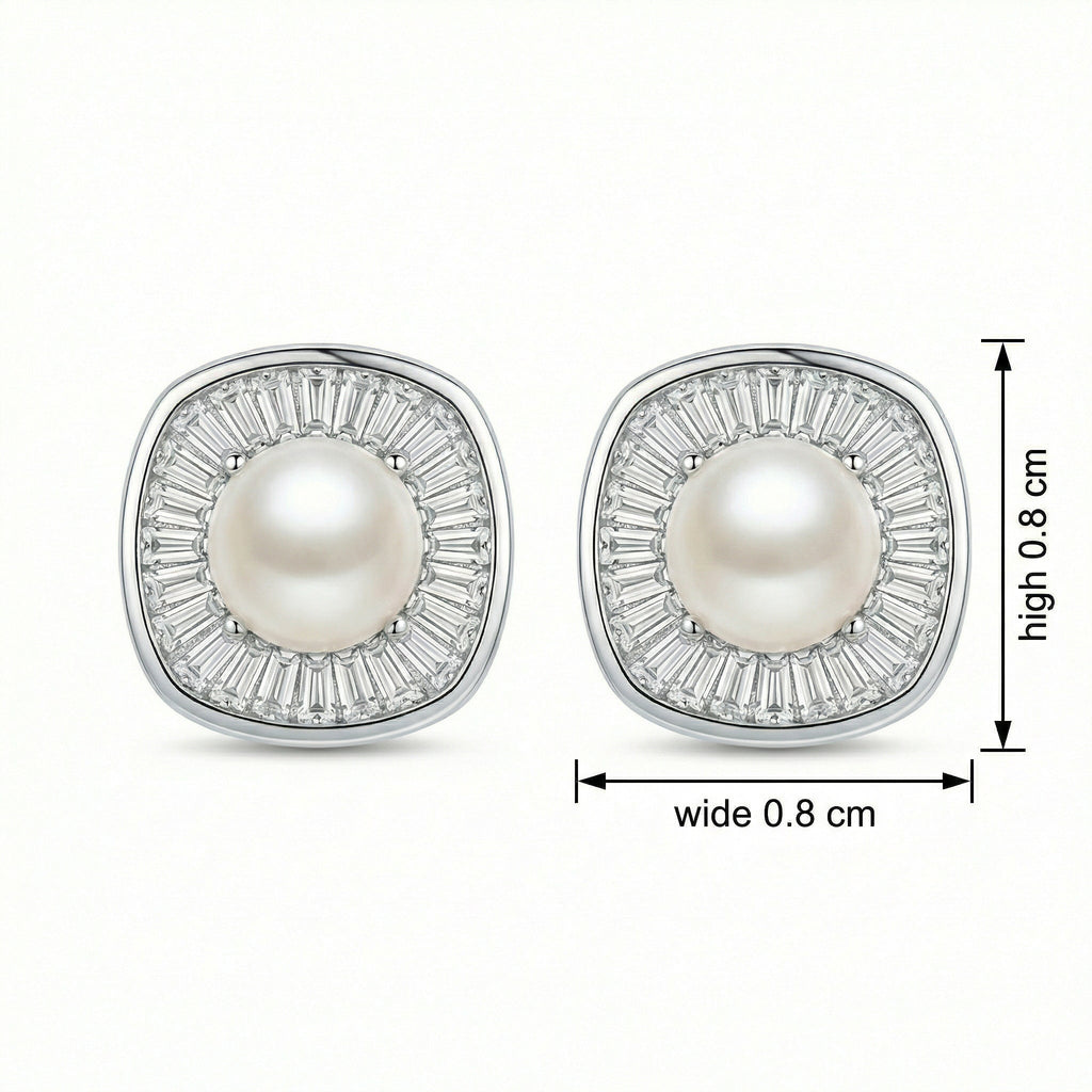 925 Sterling Silver Radiant Pearl and Tapered Baguette CZ Cushion Halo Stud Earrings