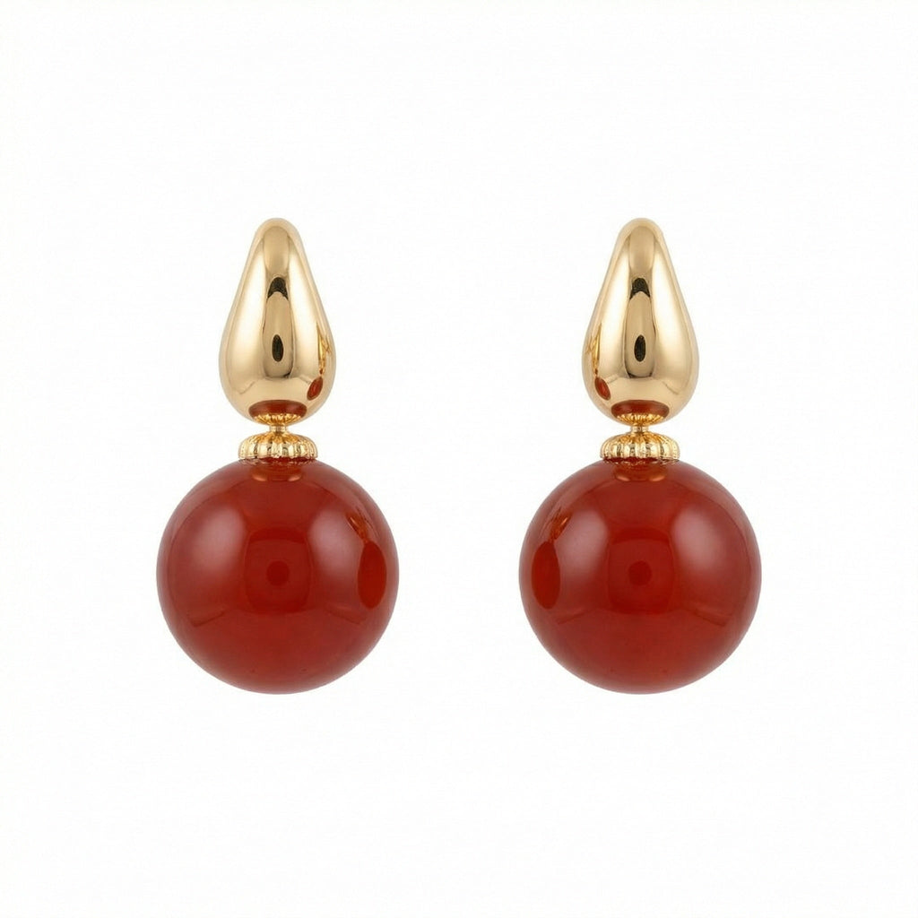 925 Sterling Silver Elegant Red Carnelian Sphere and Polished Metallic Teardrop Drop Earrings