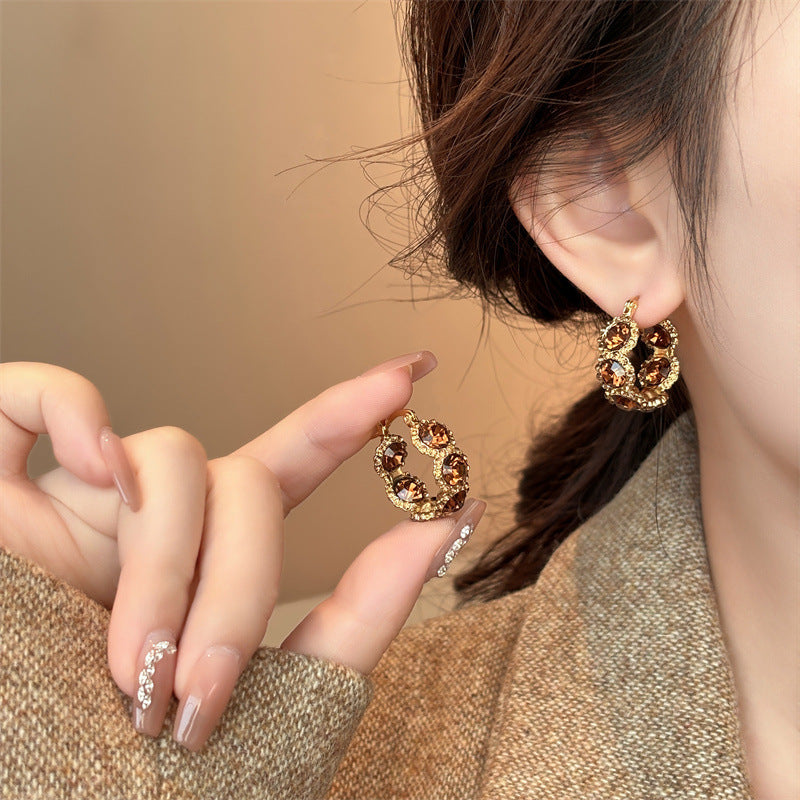 Elegant Light-luxury Coffee-colored Crystal Hoop Ear Clips