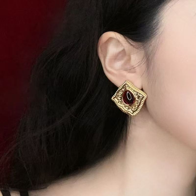 Vintage Red Stone Alloy Earrings, Baroque Gold Tone Studs