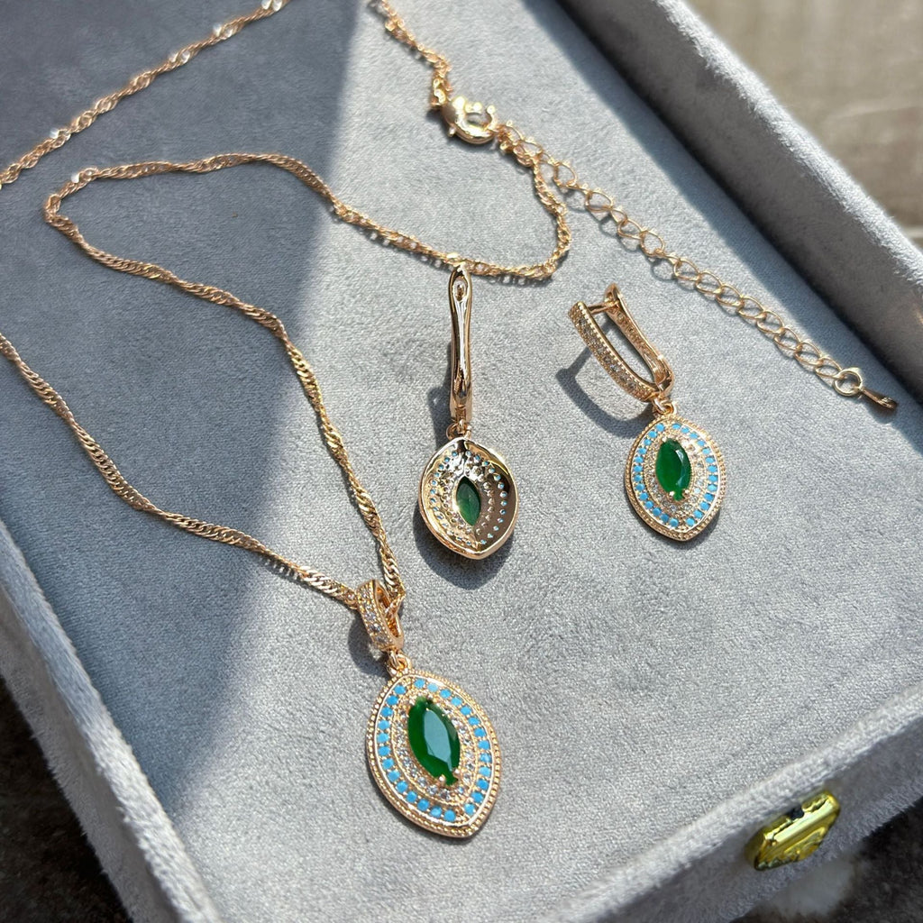 Emerald-Zircon Vintage Earrings And Ring Jewelry Set
