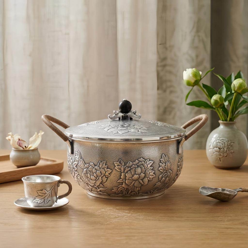 925 Sterling Silver Elegant Handcrafted  Serving Pot with Floral Motifs and Wooden Handles-Premium Hot Pot - Handicraft