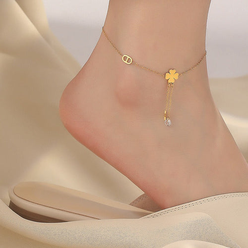 18K Gold Tassel Star Clover Anklet