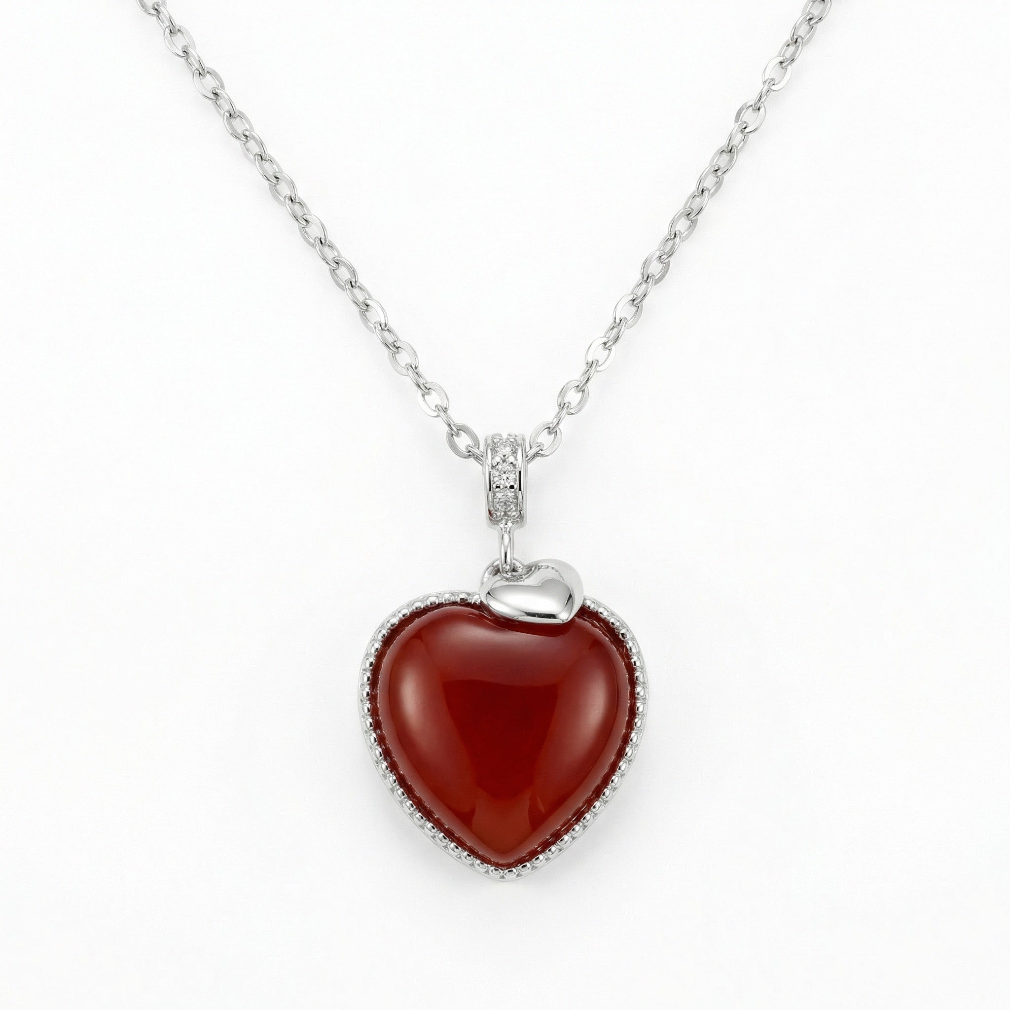 925 Sterling Silver Elegant Sterling Silver Heart Necklace with Vibrant Red Gemstone Pendant