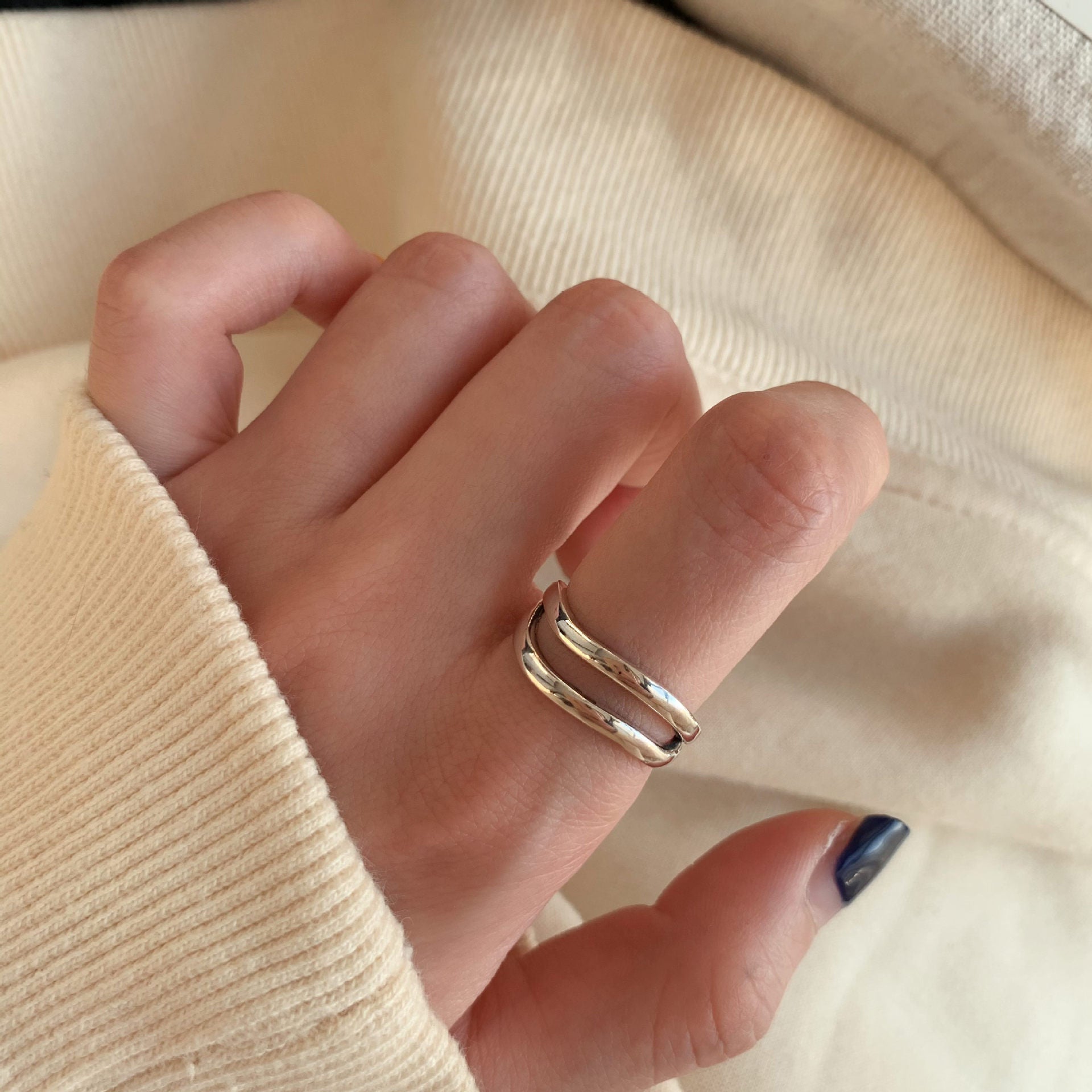 925 Sterling Silver Minimalist Rings For Women, Korean Style Niche Design, Non-Tarnish Vintage Heavy Duty Finger Rings Jewelry