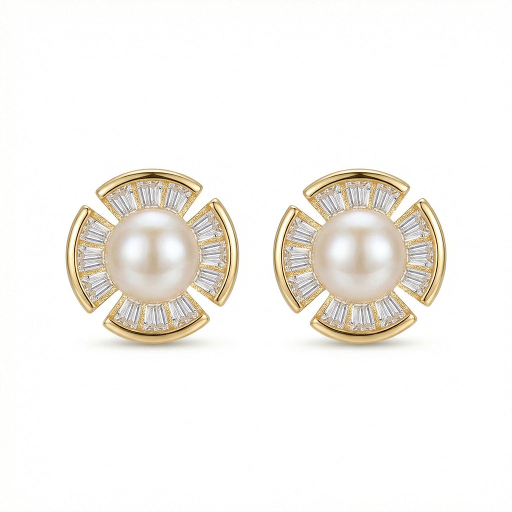 925 Sterling Silver Radiant Pearl and Baguette-Cut Fan-Shaped Stud Earrings