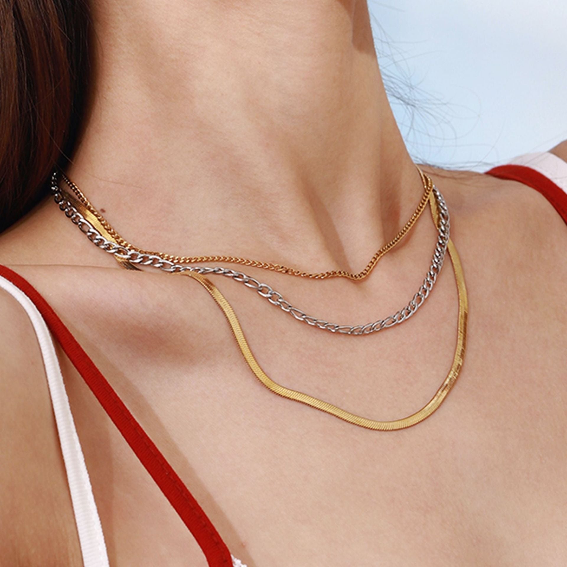 18K gold multi-layer chain with gold and silver color matching design simple personality necklace