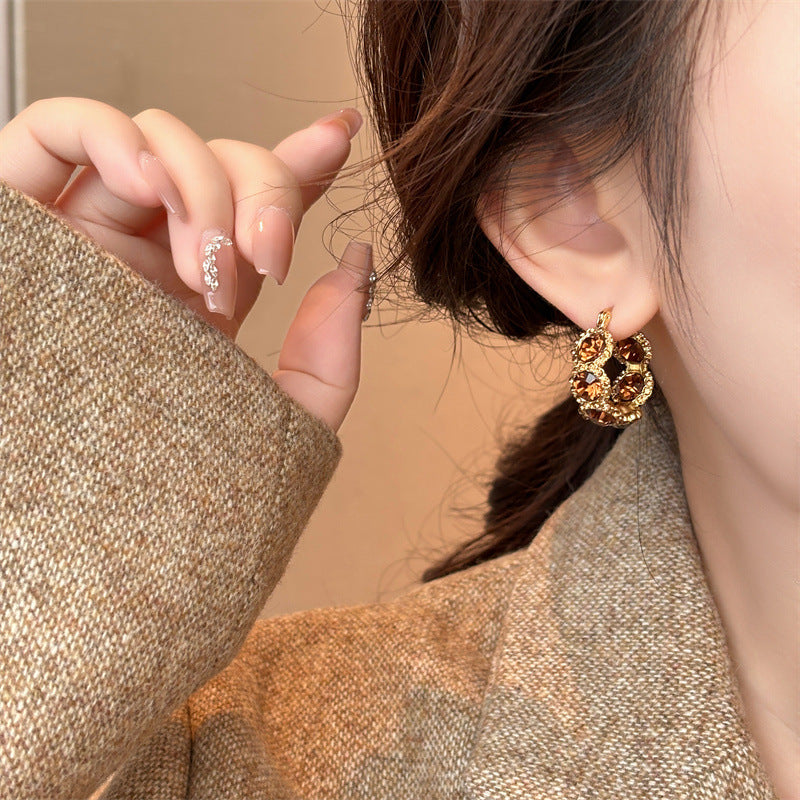 Elegant Light-luxury Coffee-colored Crystal Hoop Ear Clips