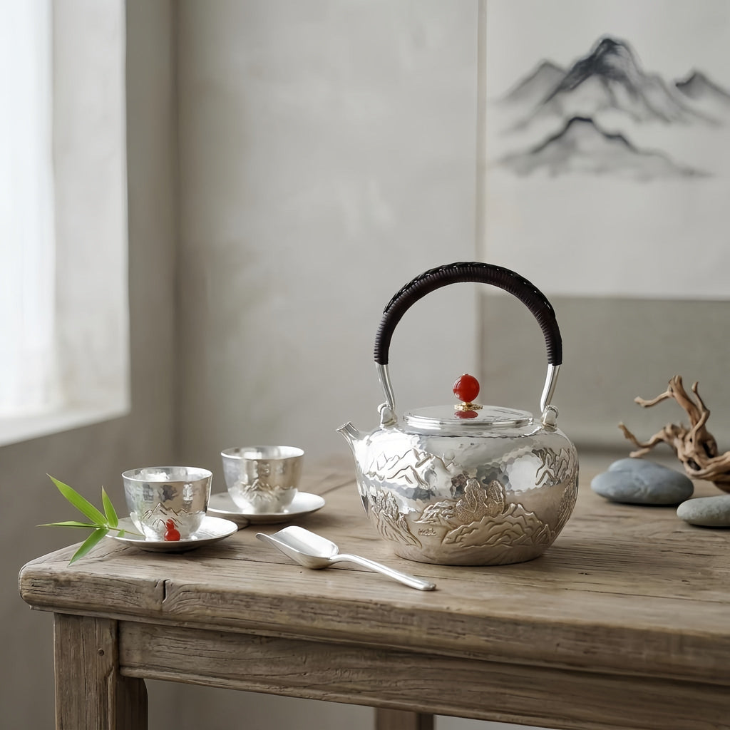 Pure 999 Fine Silver Exquisite Hand-Carved Silver Teapot with Mountain Landscape and Red Stone Finial - Handicraft