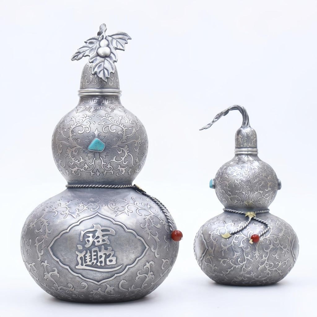 Pure 999 Fine Silver Ornate Silver-Tone Gourd Containers with Turquoise and Traditional Chinese Prosperity Engravings - Handicraft