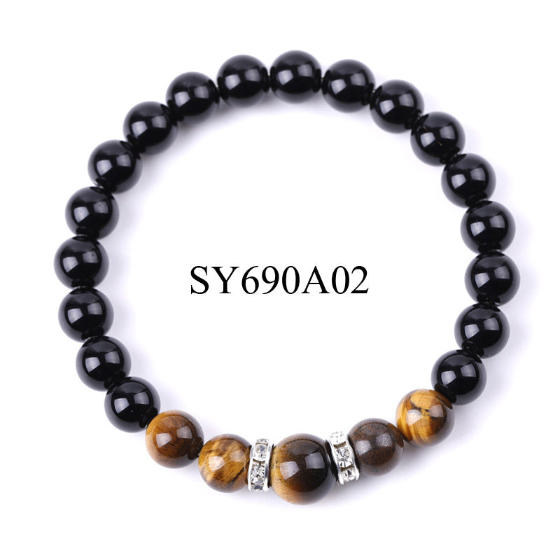 8 Mm 10mm Tigers Eye And Glossy Black Stone Micro-Inlaid Diamond Bracelet